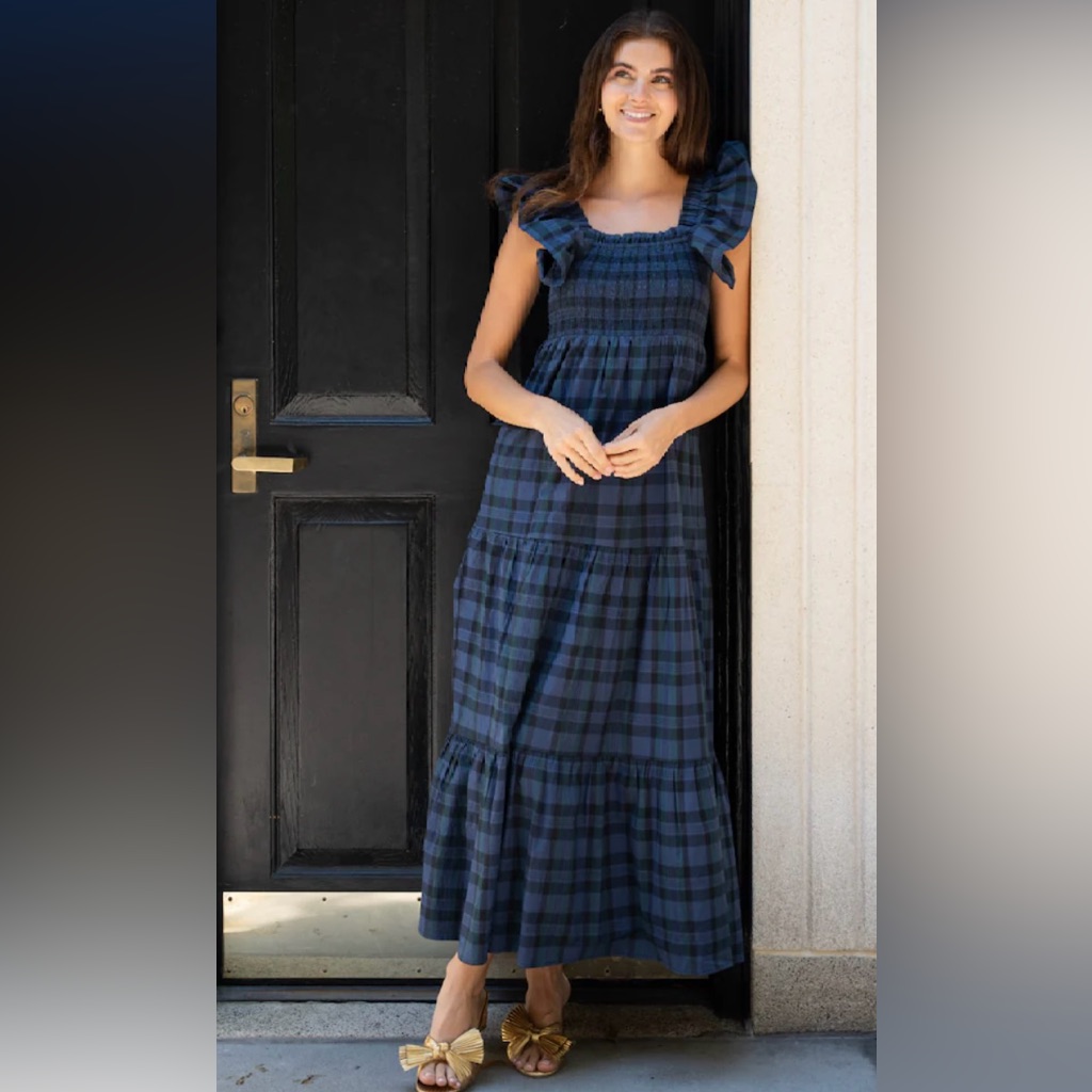 Sail To Sable Flutter Sleeve Smocked Midi Dress. Black Watch Tartan. S. Nwt.